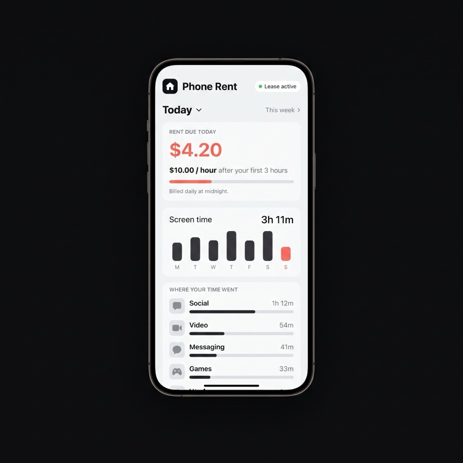 Rent due today $4.20 — $10 an hour after your first 3 free hours, with a screen-time chart