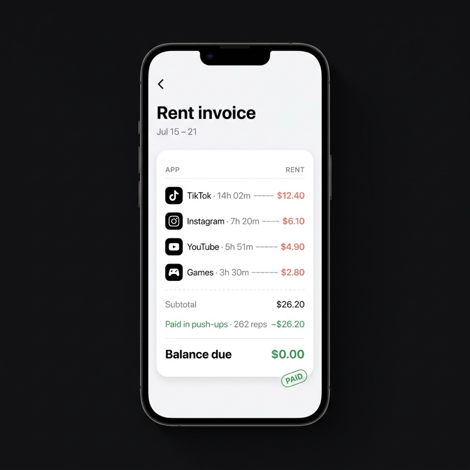 Weekly rent invoice, itemized by app and paid off in push-ups — balance $0.00