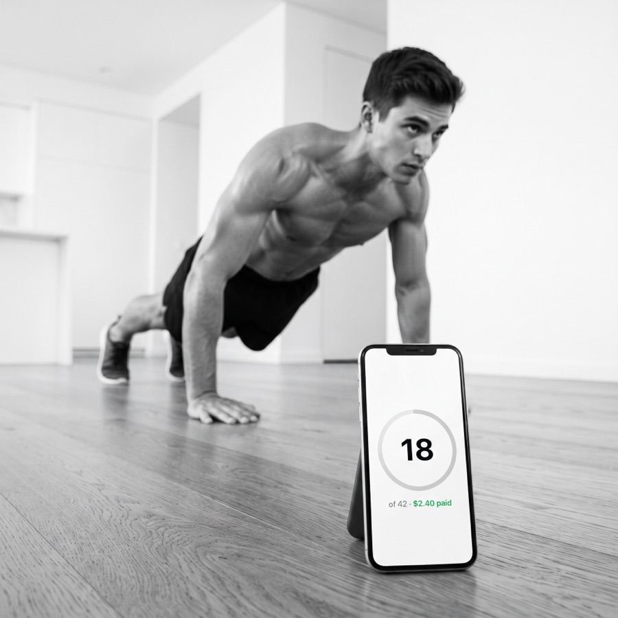 A man doing push-ups on the floor while his phone counts the reps live — 18 of 42, $2.40 paid off